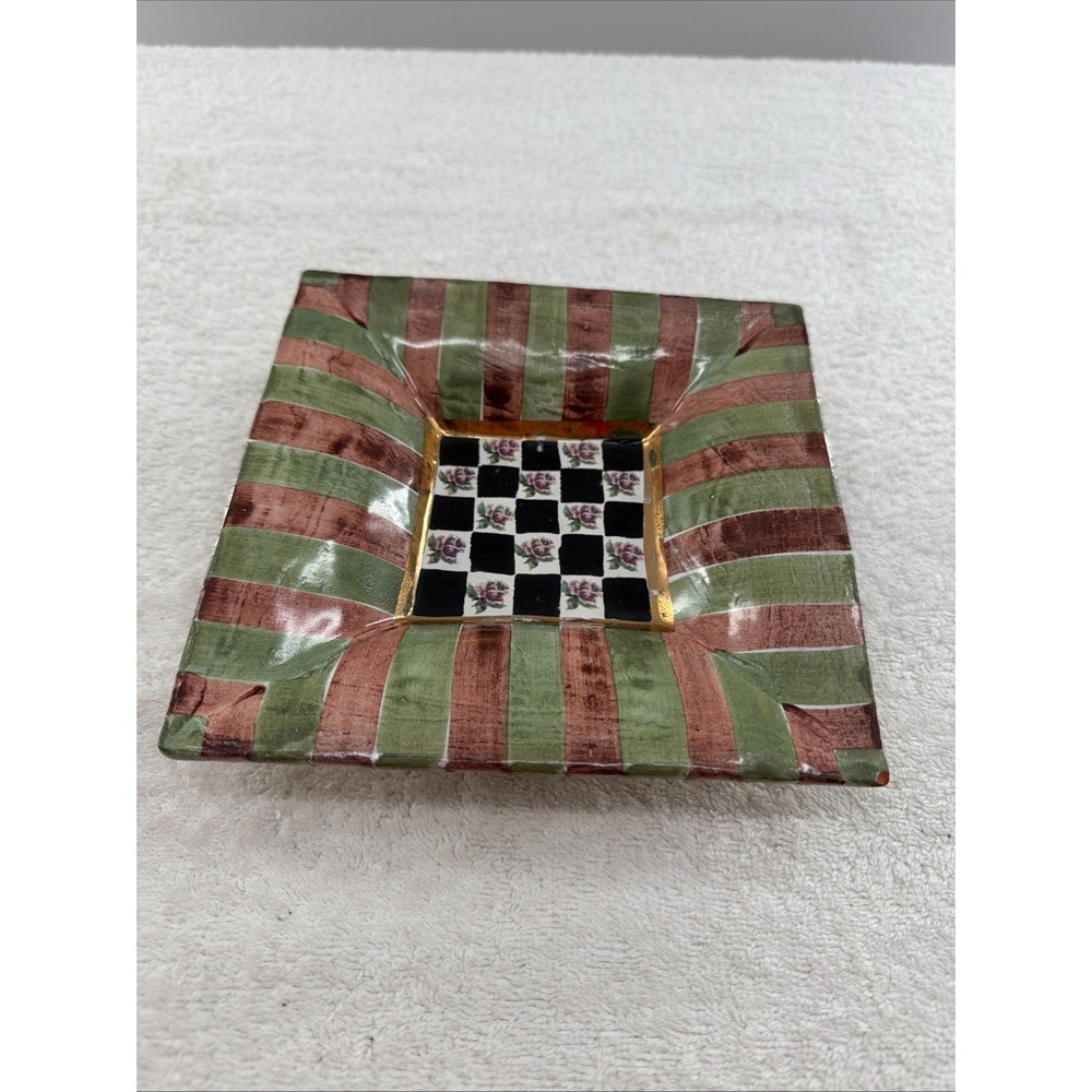 Mackenzie Childs Frank And Mustard Hand Painted Square Dish 6 1/2" Red Green 96